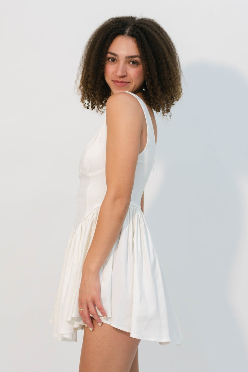 structured bustier dress with flared skirt