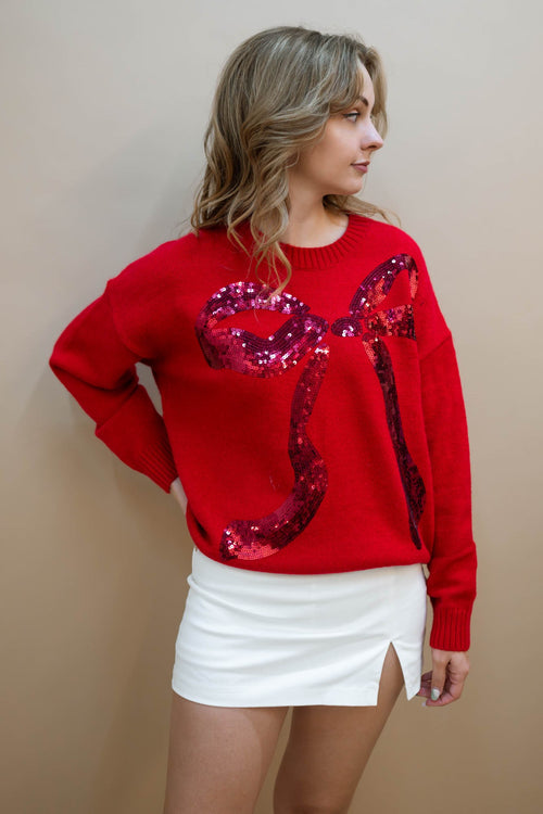 red sequin bow sweater