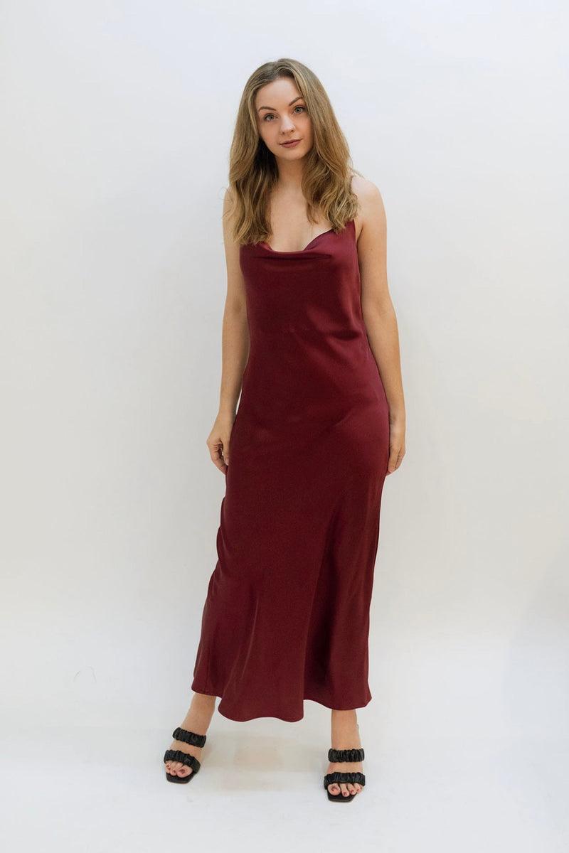 red wine burgundy cowl neck midi dress