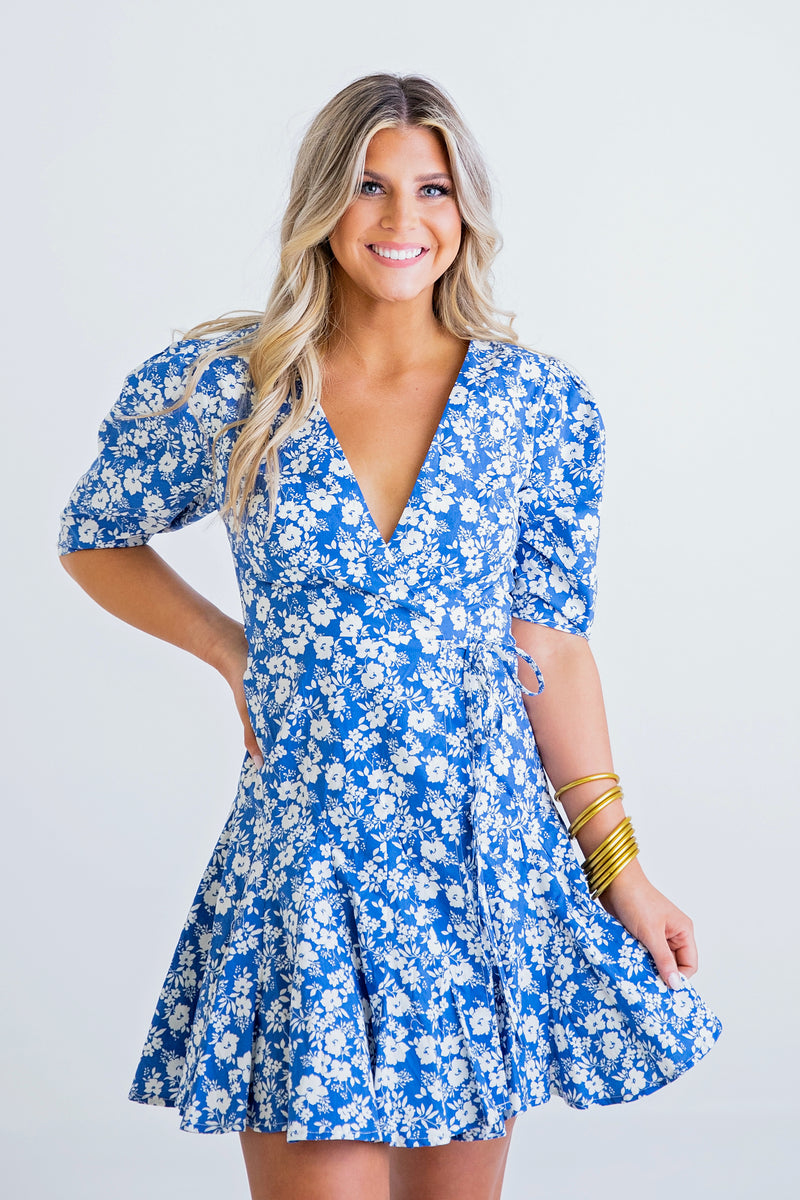 Ditzy Floral Wrap Blue Dress