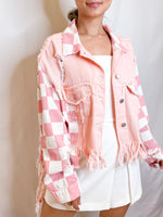 Color Block Fringe Denim Jacket - Pink