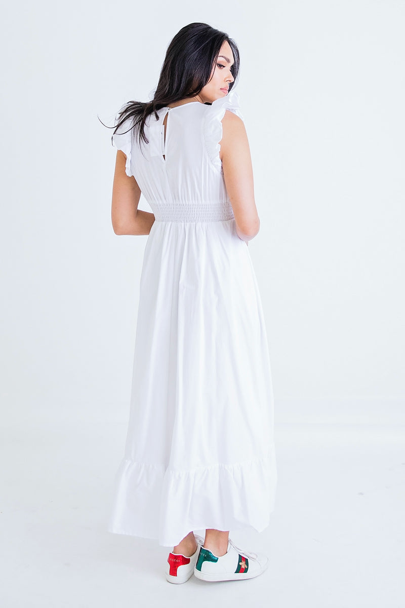 White Ruffle Poplin Maxi Dress