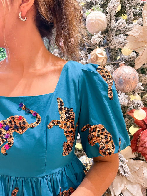 Queen of Sparkles Teal Leopard Dress