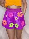 [Queen of Sparkles] Neon Purple Sequin Flower Shorts