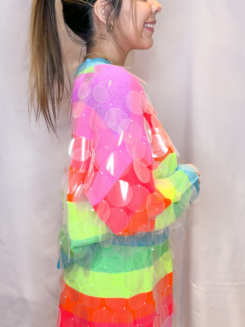[Queen of Sparkles] Neon Stripe Clear Sequin Sweater