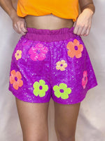 [Queen of Sparkles] Neon Purple Sequin Flower Shorts