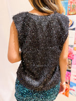 Sequin Shoulder Pad Top - Black