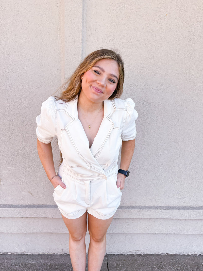 White Mary Collared Denim Romper