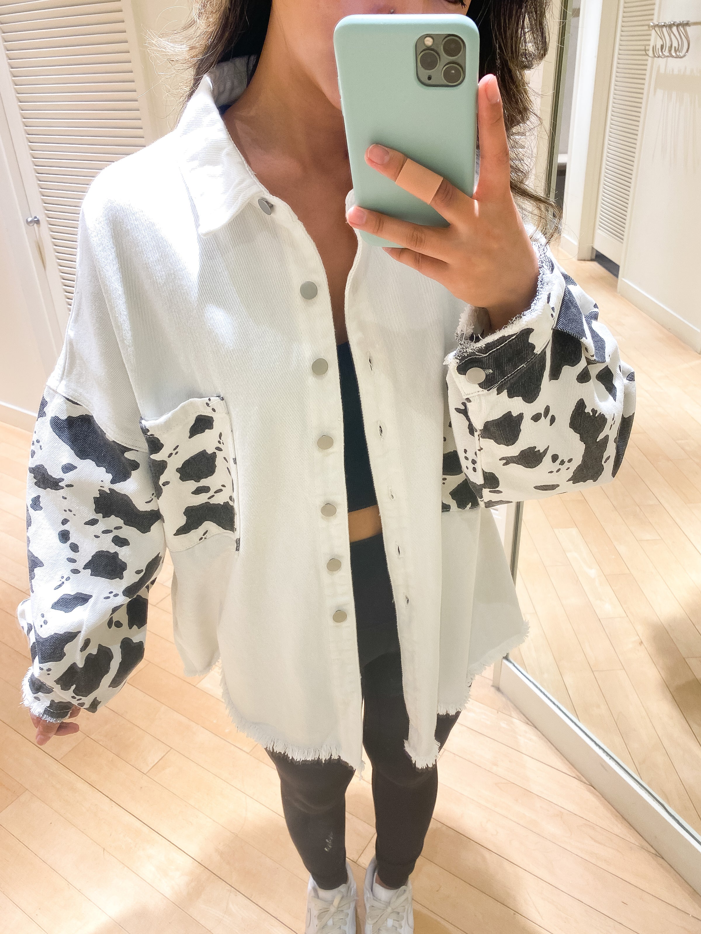 White Denim Cow Print Jacket – LOVE OKIE